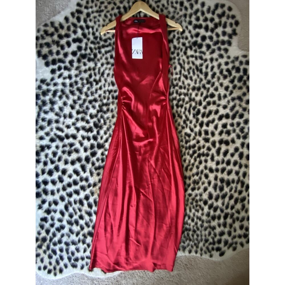 ZARA Bright Red Satin Effect Midi Maxi Dress NWT Womens Medium NEW